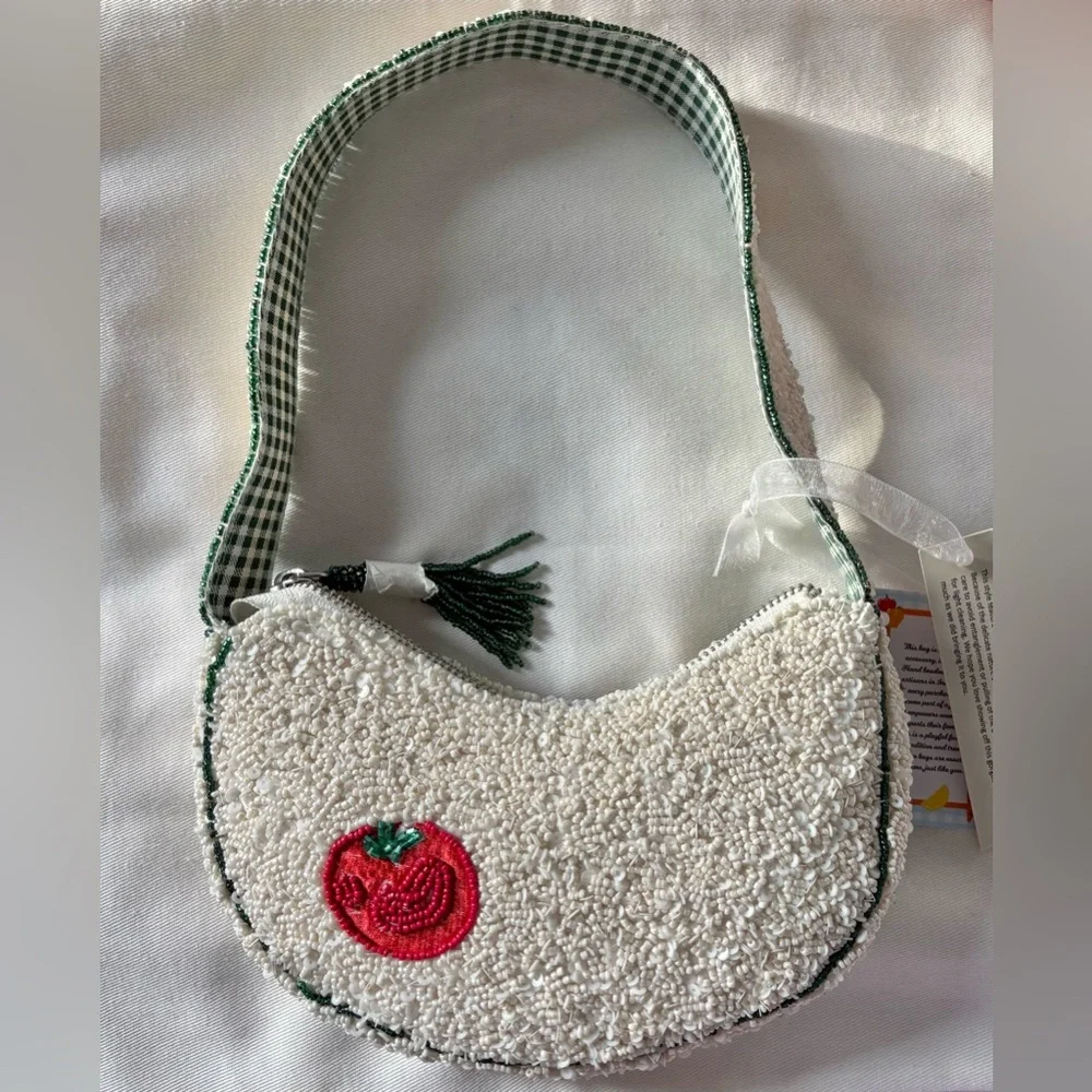 Beaded Vegetable Small Crescent Shoulder Bag Handcrafted In India - Picture 4 of 8